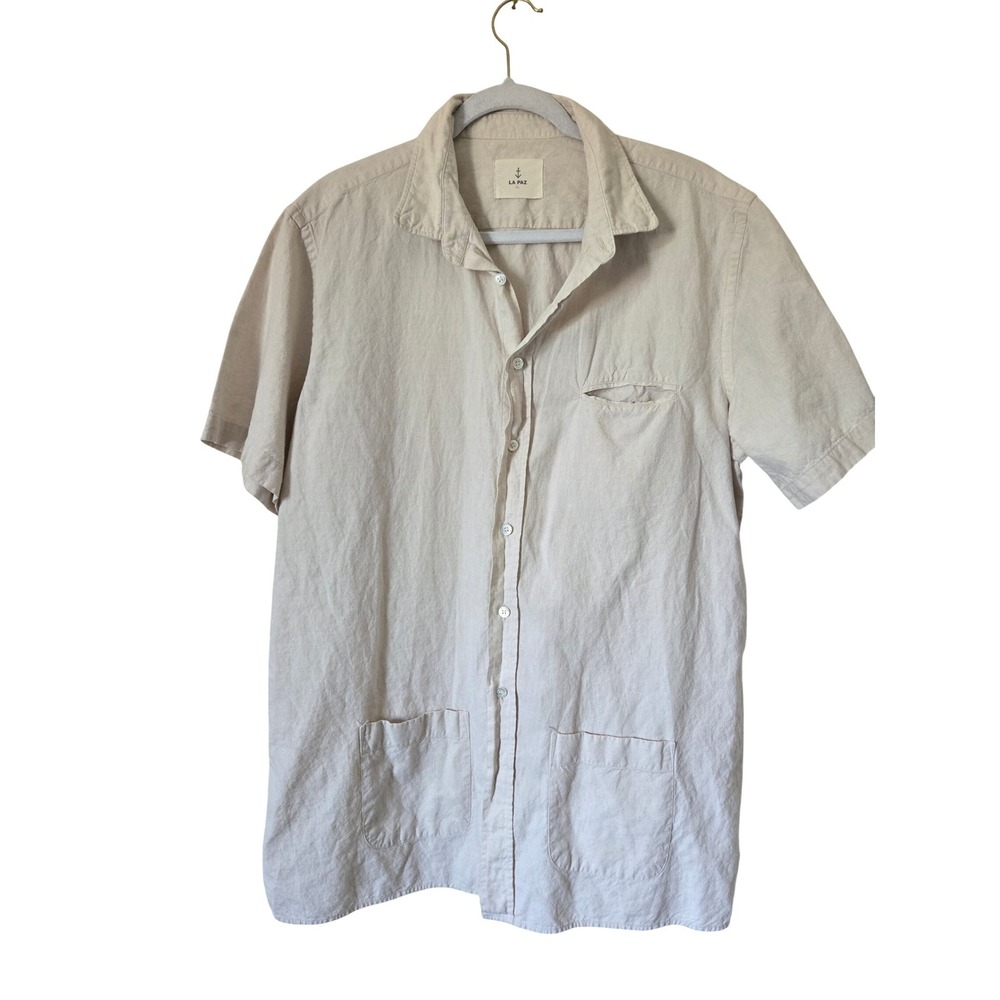 La Paz Mens XL Beige Linen Cotton Short Sleeve Button Down Shirt 3 Pocket Casual